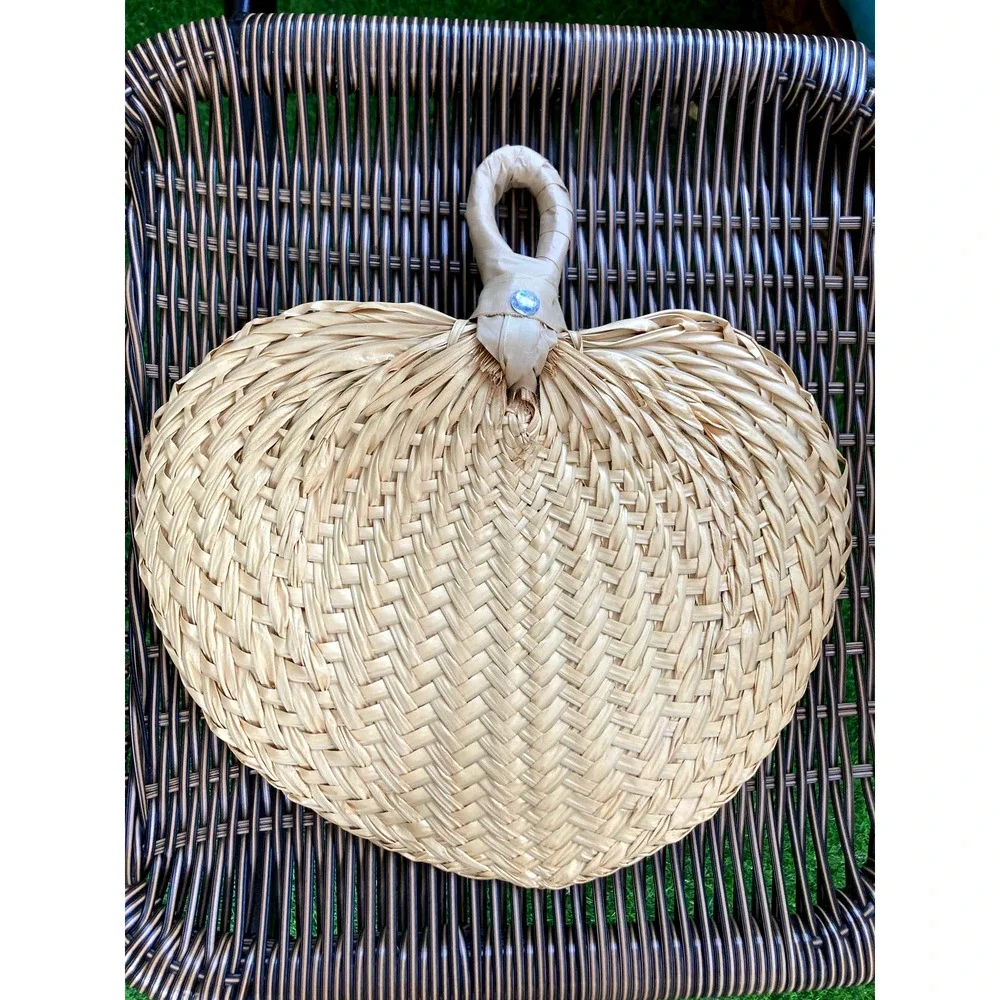 Vintage Boho Woven Raffia Fan w/ Rhinestone - Heart Shaped - Leaf Wall Decor